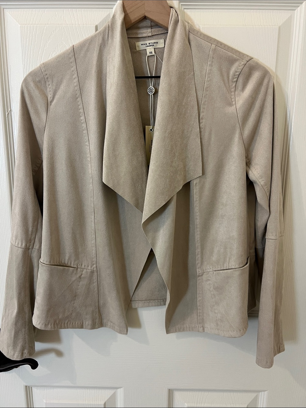 Max Studio Jacket London Faux Suede Draped Beige Open-Front Blazer Oyster Coat